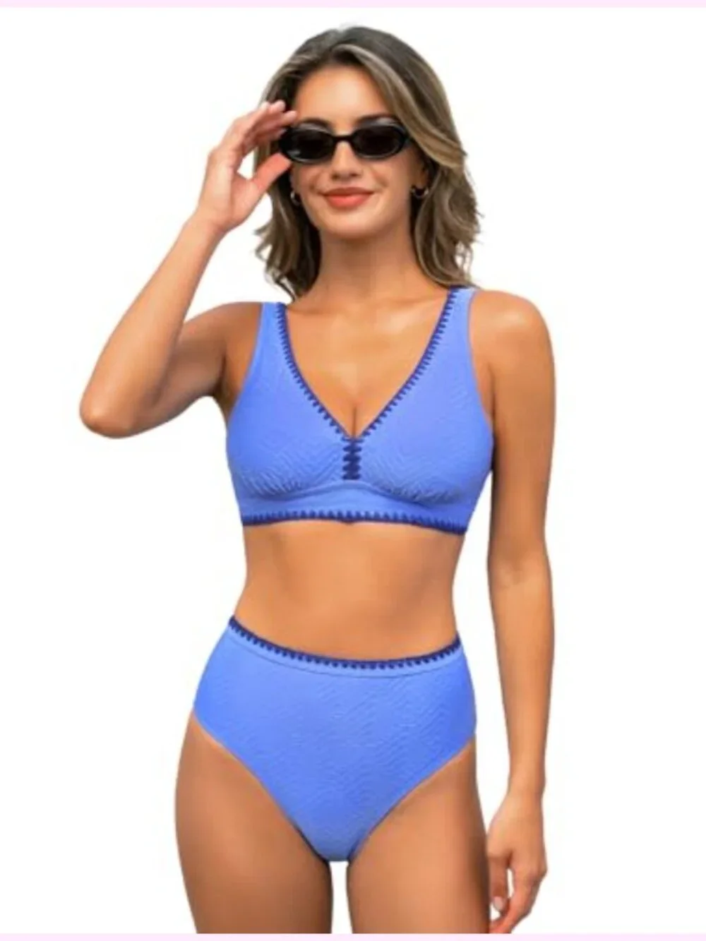 Two Piece Swimsuit V Neck High Waisted Textured Stitched Adjustable Straps